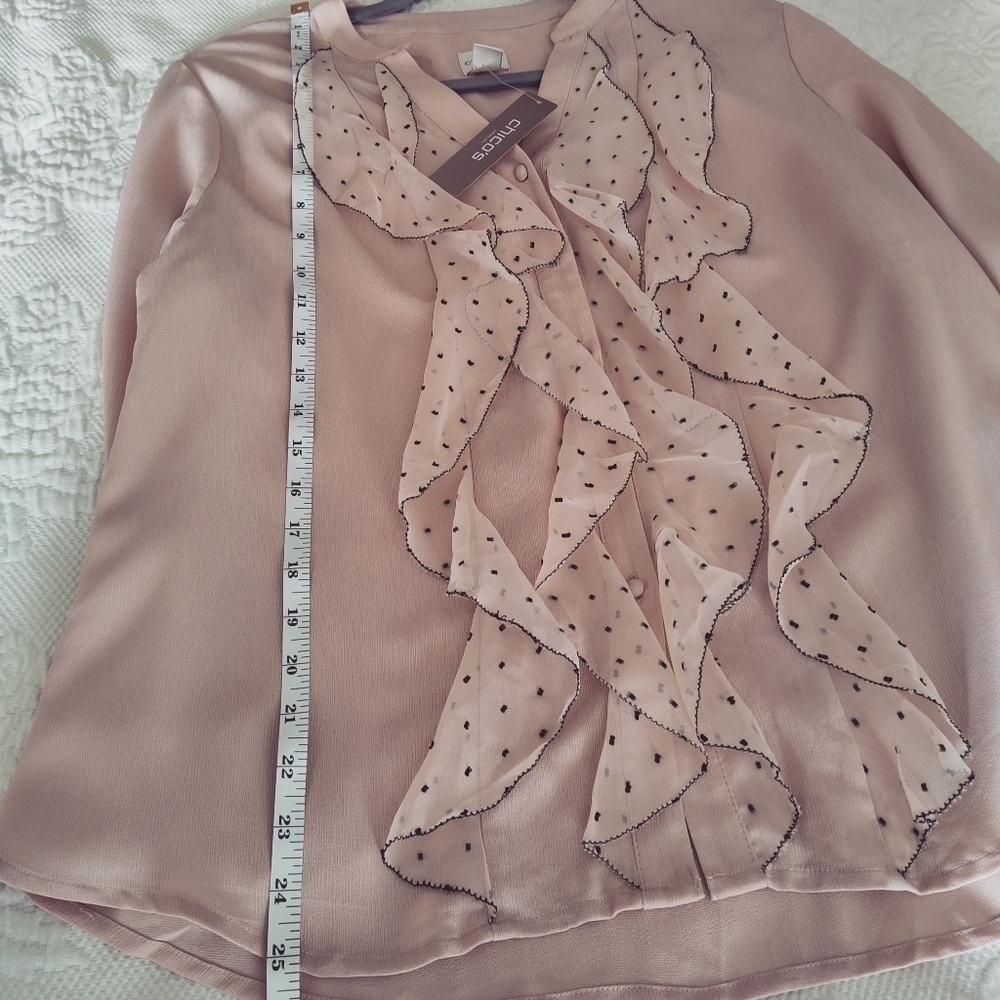 Chico's Dot Ruffle Blouse Long Sleeve Button Front Light Pink size 2 (L) - Picture 11 of 12